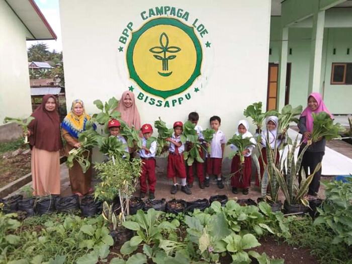 panen sayur sawi organik bersama siswa sekolah dasar di kebun pekarangan bpp campagaloe